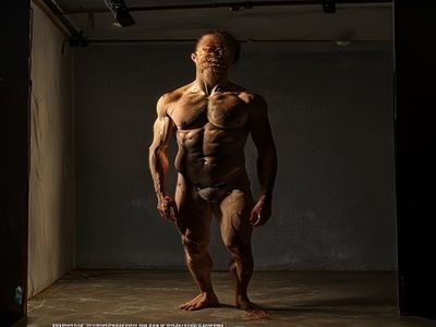 专业摄影棚三灯布光下人体艺术摄影成片，冷暖色调对比突出人体肌肉轮廓，裸体写真工作室拍摄专业效果展示
