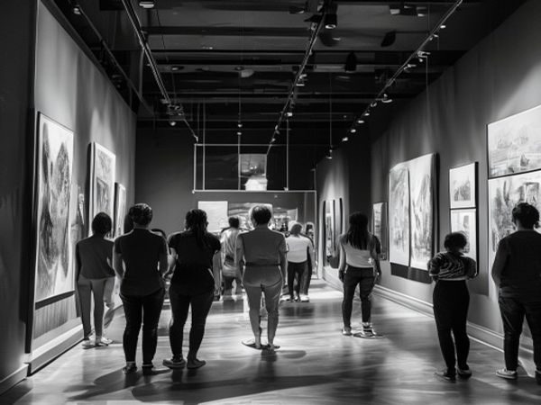 美术馆展厅内陈列的人体艺术摄影作品，黑白照片展示人体线条之美，观众驻足欣赏，体现裸体写真的艺术文化价值